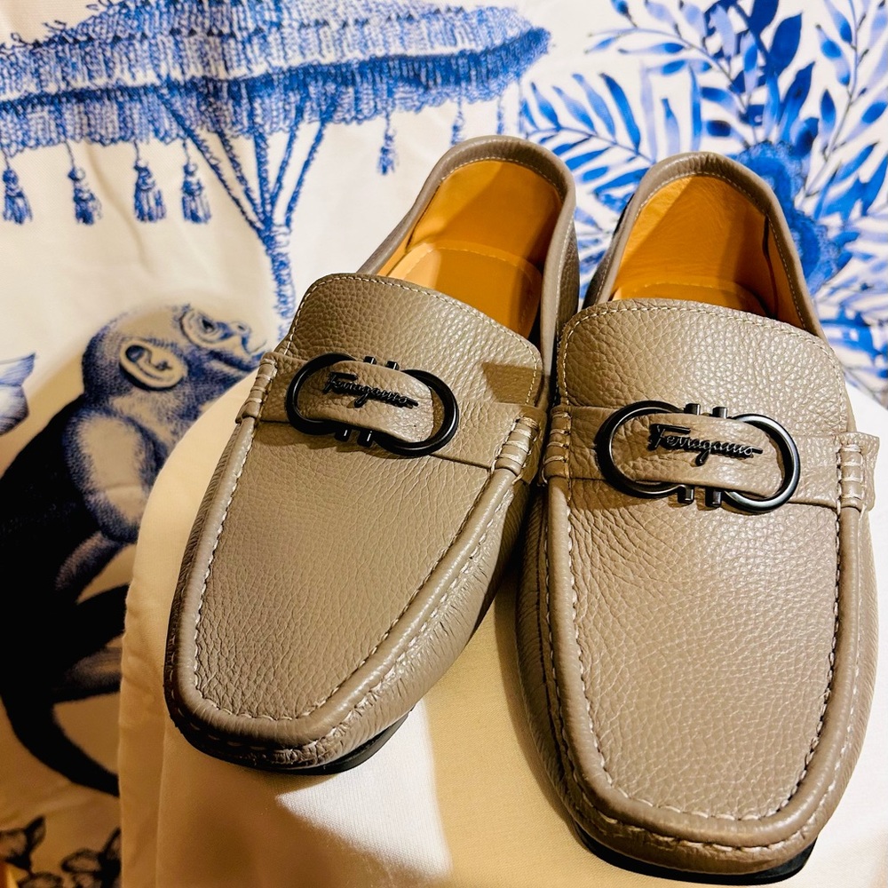 Salvatore Ferragamo Taupe Leather Gancini Bit Loafers